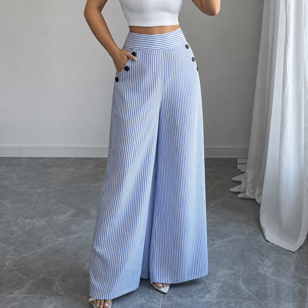 Damen Leinenhose gestreift mit hohem Bund in Ganzkörperansicht