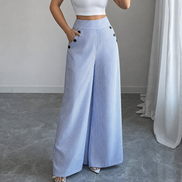 Damen Leinenhose Gestreift Mit Hohem Bund