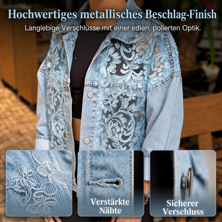 Lockere Damenjacke aus Jeansstoff mit Blumenmuster seitliche Ansicht