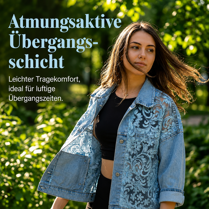 Damen-Denimjacke mit Blumenmuster und Knopfleiste im Detail