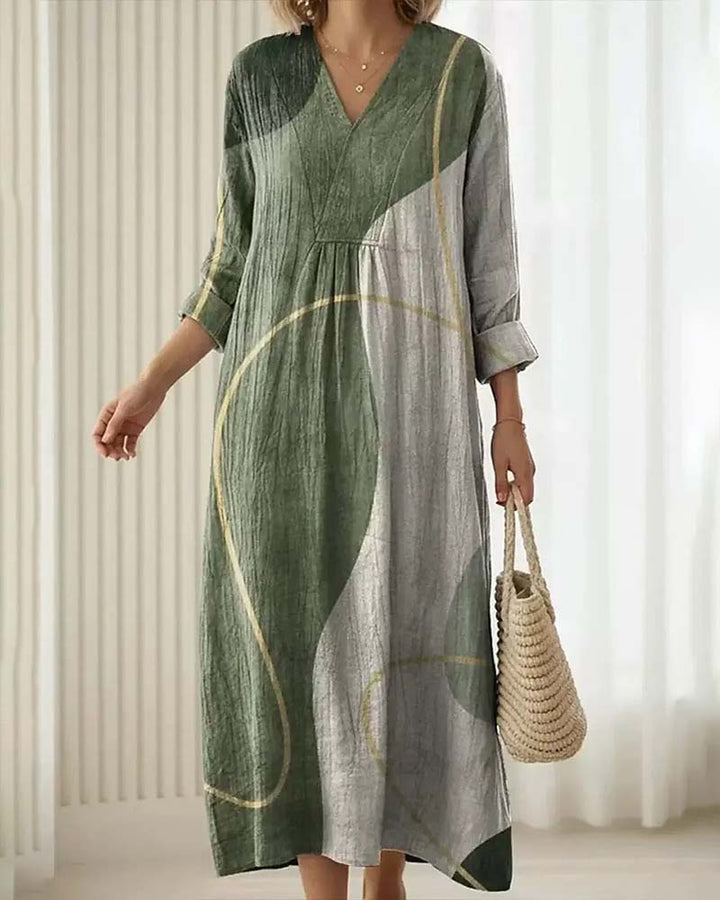Damen Midikleid mit V-Ausschnitt und Colorblock-Muster in Vorderansicht
