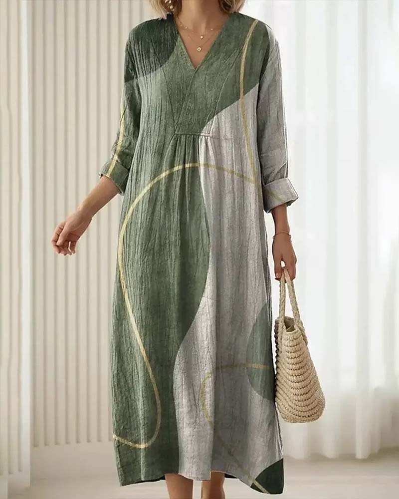 Damen Midikleid Mit V Ausschnitt Und Colorblock Muster