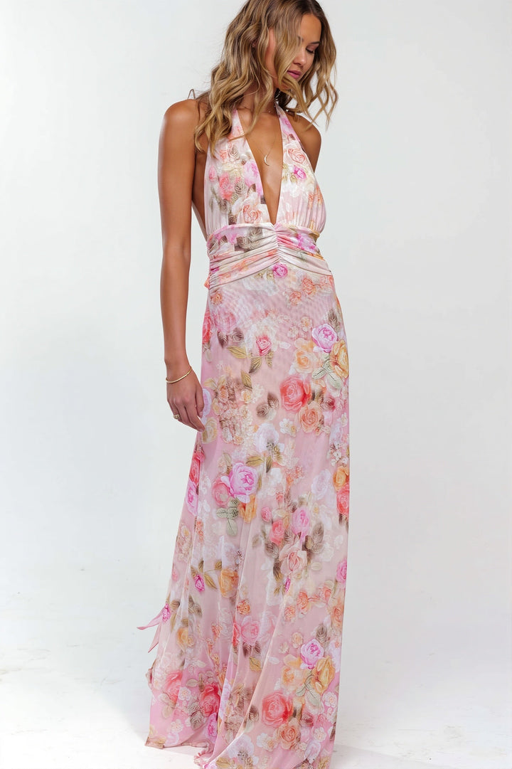 Damen Maxikleid mit Print, Halterneck und rückenfreiem Design vorne gezeigt