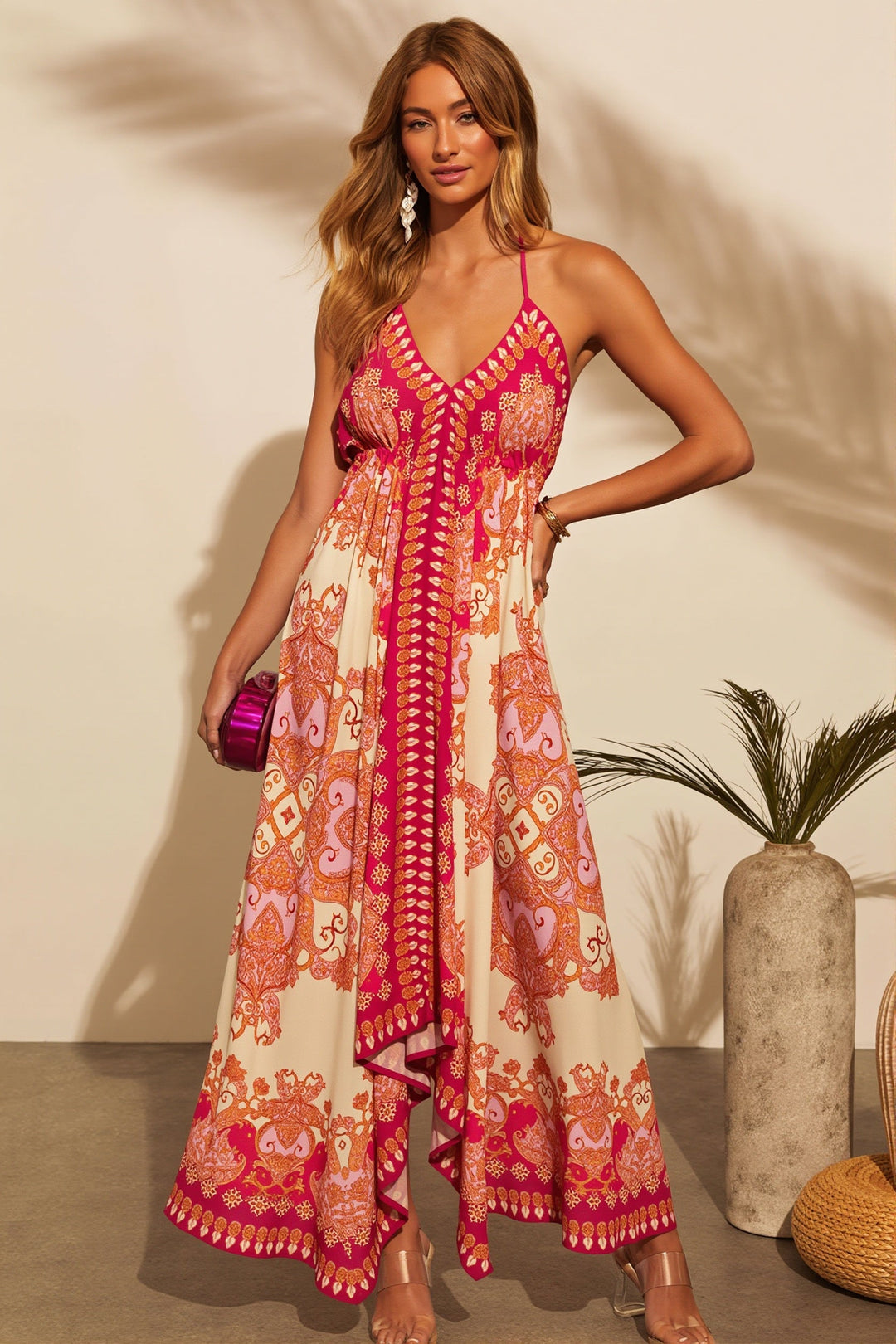 Damen Maxikleid mit Neckholder und floralem Print in asymmetrischem Boho-Design