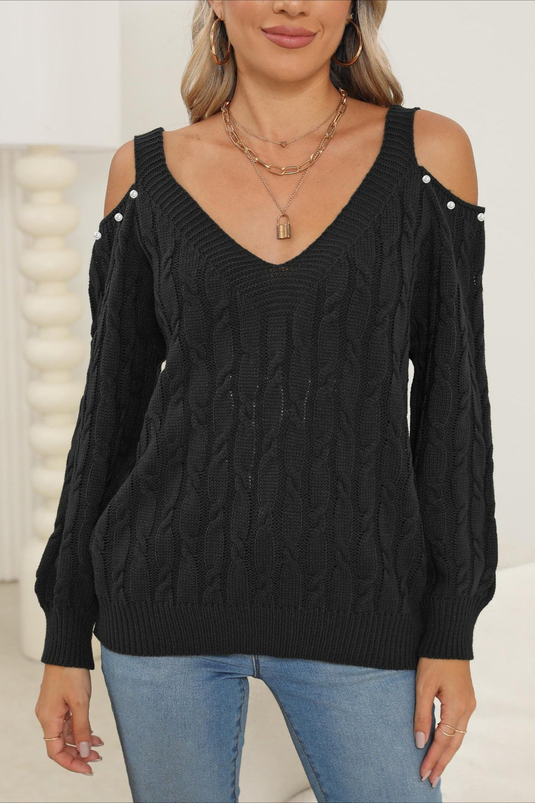Eleganter Off-Shoulder Damenpullover mit V-Kragen für Casual-Looks