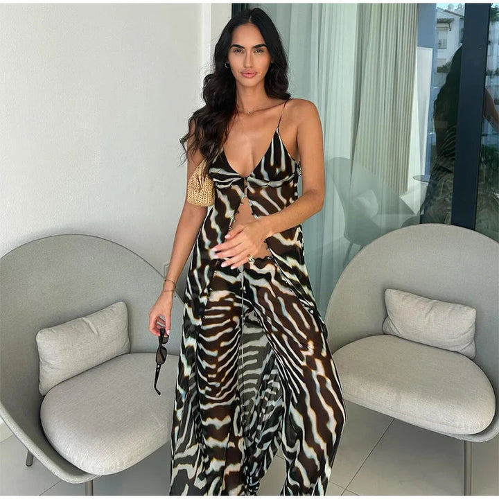 Damen Transparente Chiffon Hosen mit weitem Bein Blaues Zebra Muster Set