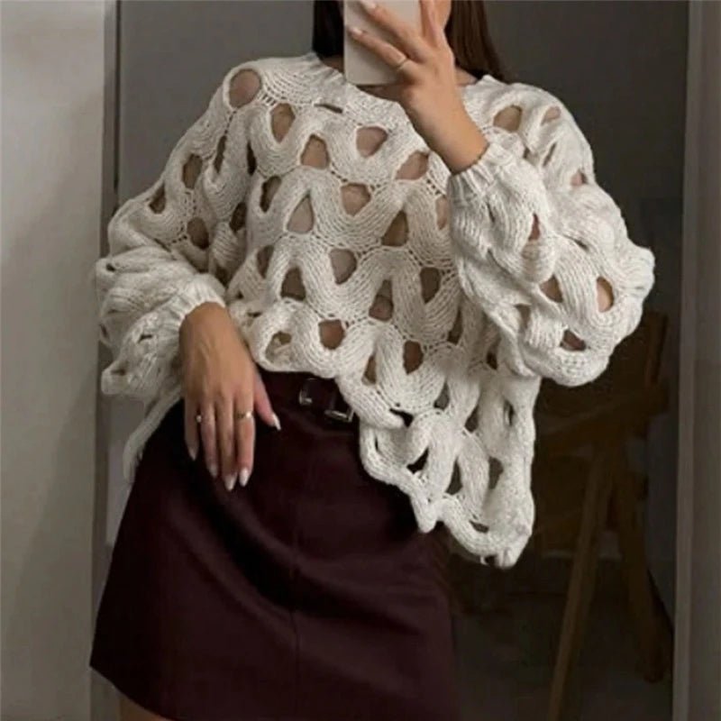 Damen Langarm Häkelstrickpullover Oberteil