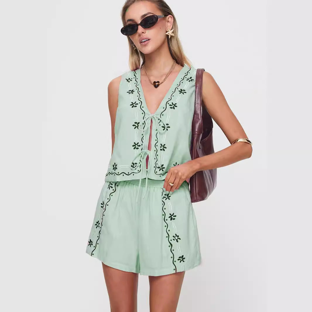 Damen Zweiteiler Sommer-Set mit Blumenstickerei