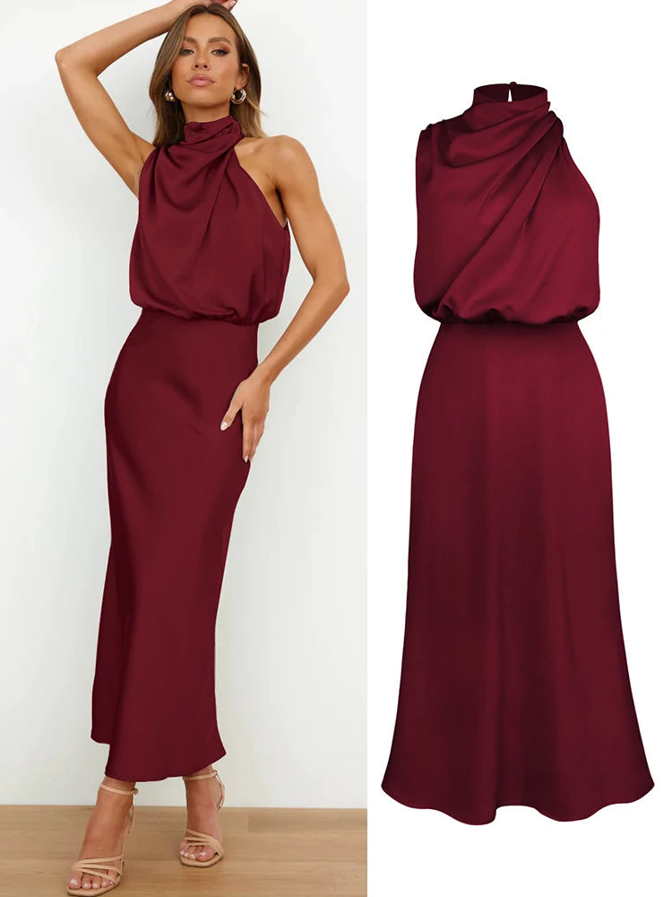 Damen Satin Asymmetrisch Geschnittenes Midi-Kleid