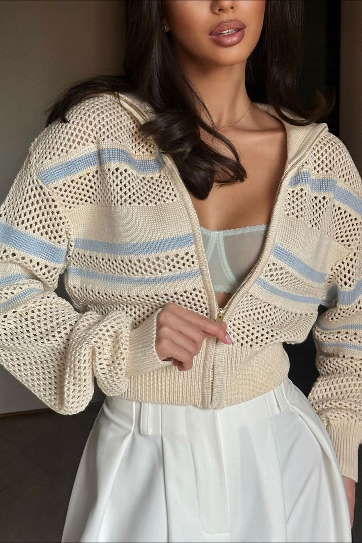 Colorblock-Streifen Zip-Kragen Cutout Langarm Hoodie