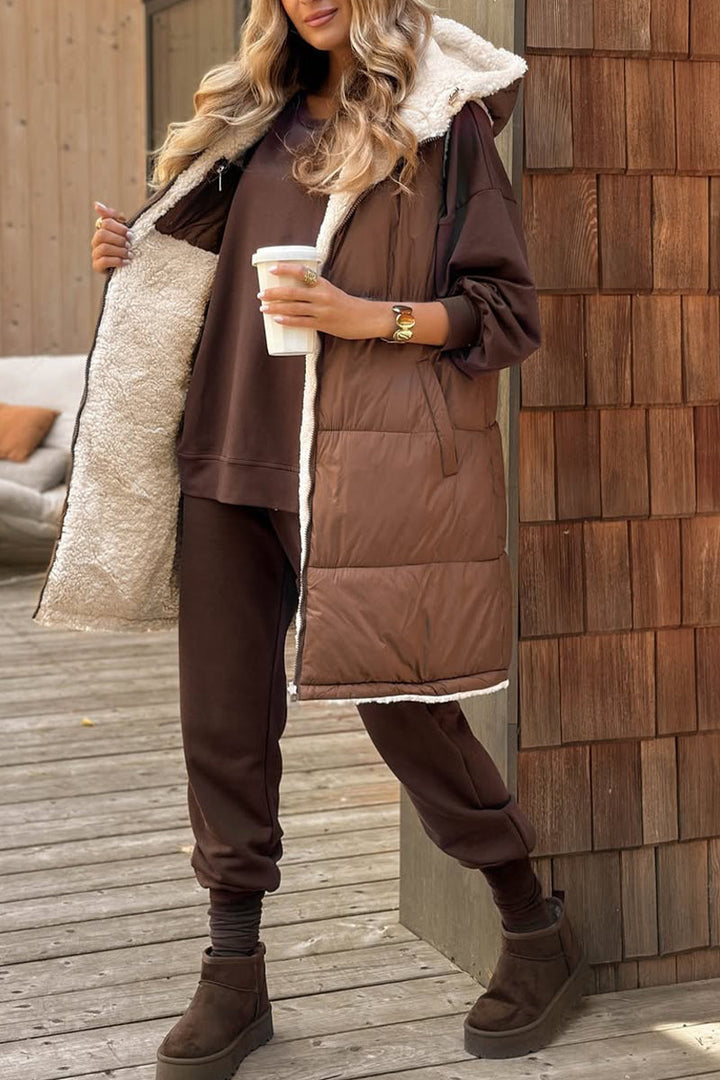 Wendbare Plüsch-Langweste - Kuschelige Sherpa-Weste mit Kapuze