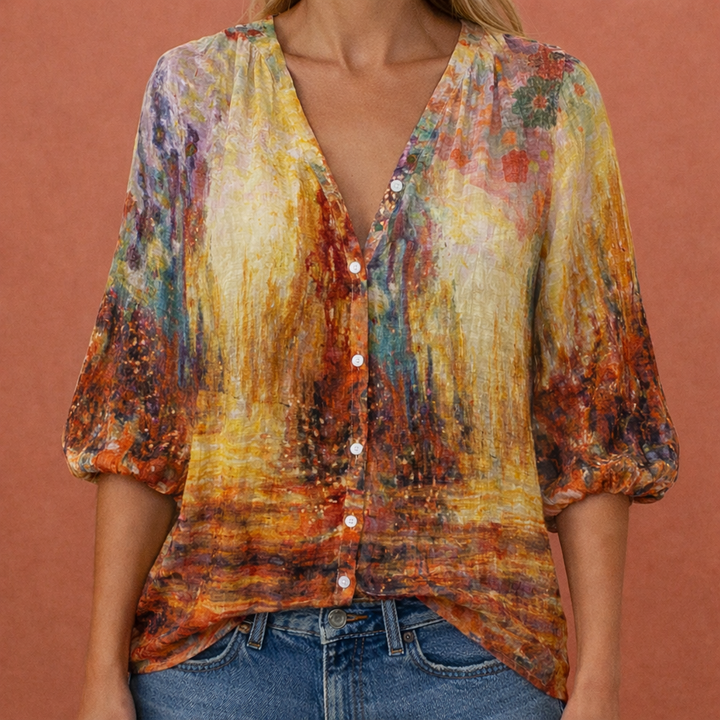Damen V-Ausschnitt Bluse mit Knopfverschluss und Druckmuster
