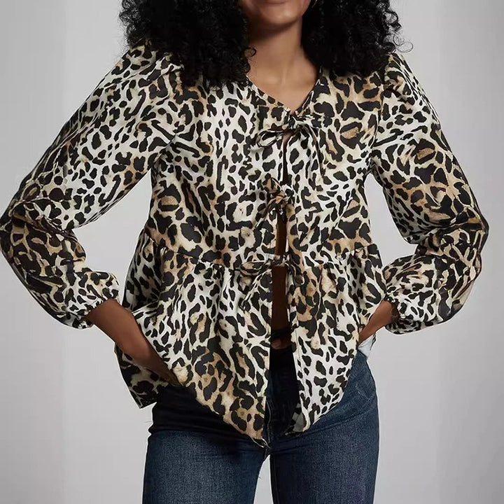 Damen-Bluse mit Schnürung, Rüschensaum und lockerem Sitz