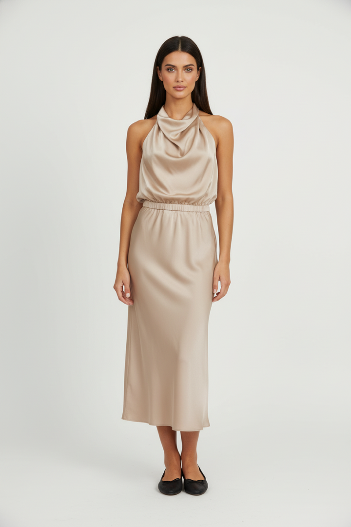 Damen Satin Asymmetrisch Geschnittenes Midi-Kleid