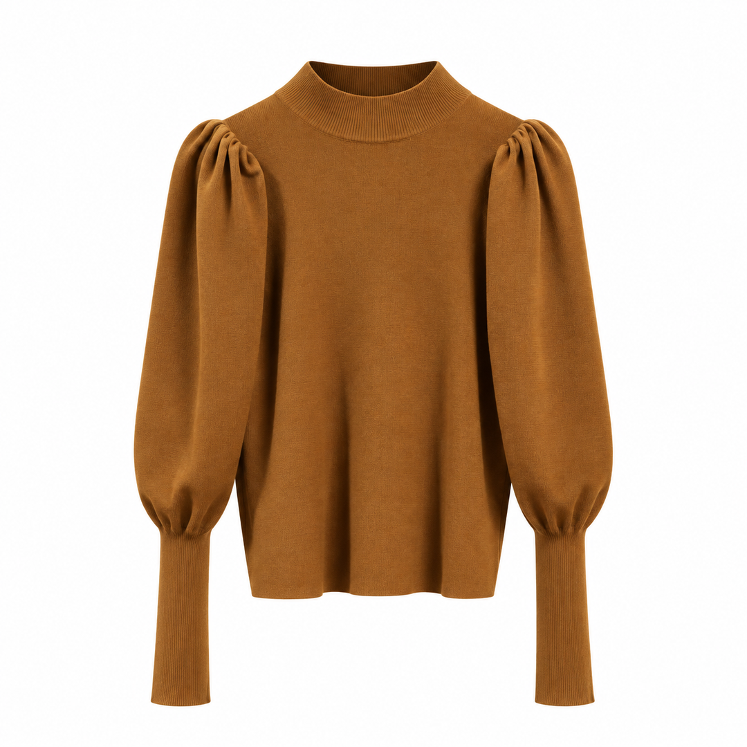 Women's Ribbed Knit Sweater With Stand-Up Collar And Puff Sleeves