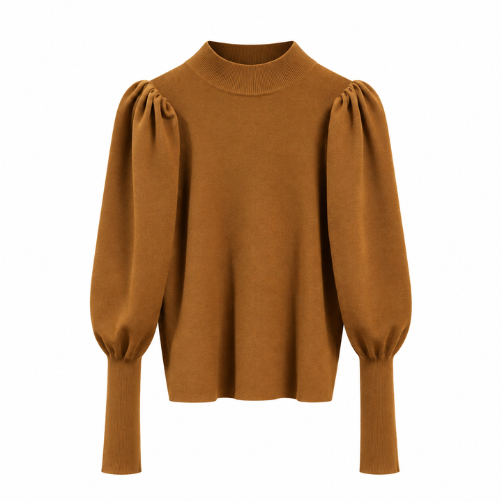 Women's Ribbed Knit Sweater With Stand-Up Collar And Puff Sleeves