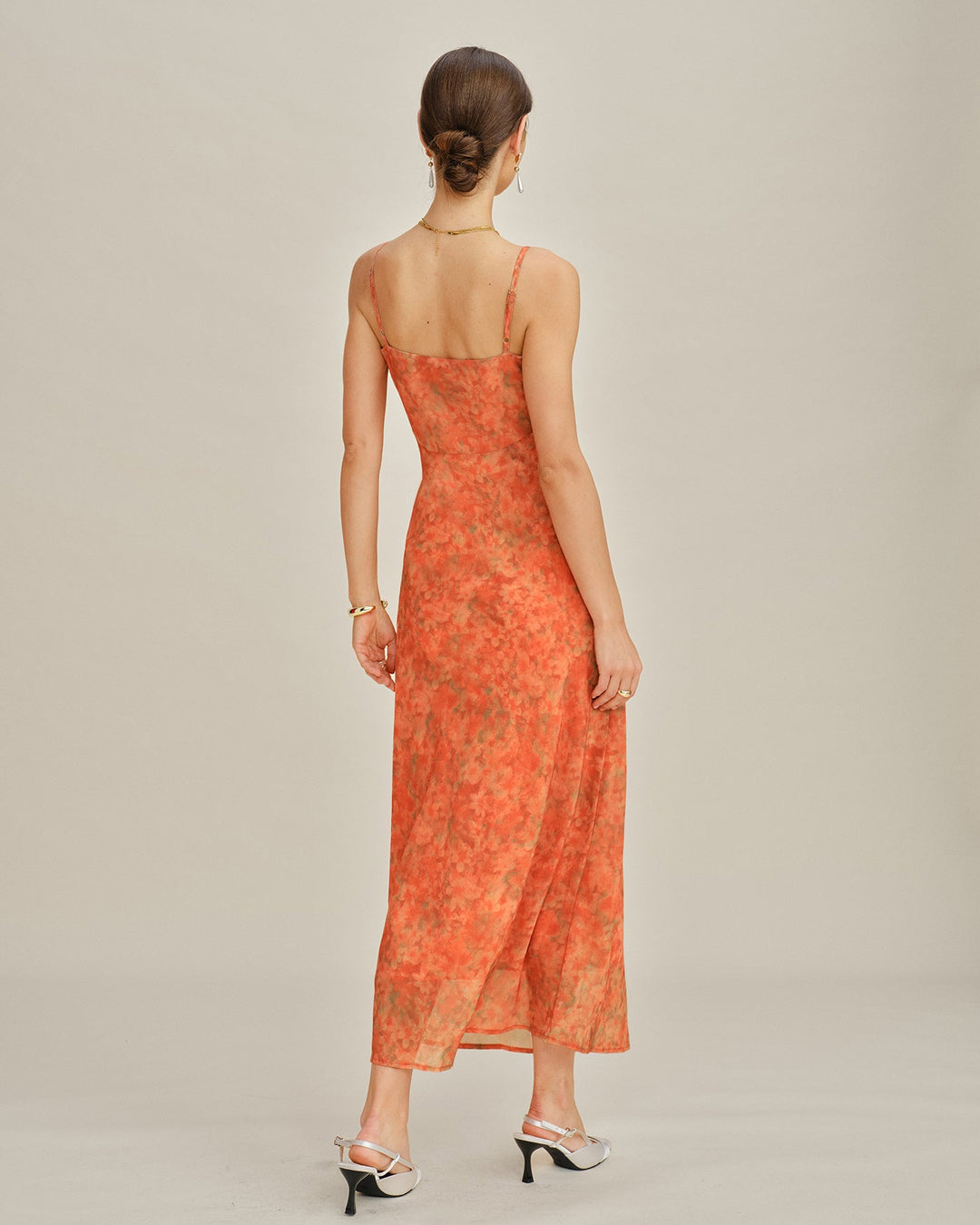 Orangenfarbenes Blumen A-Linien Maxi-Spitzenkleid für Damen