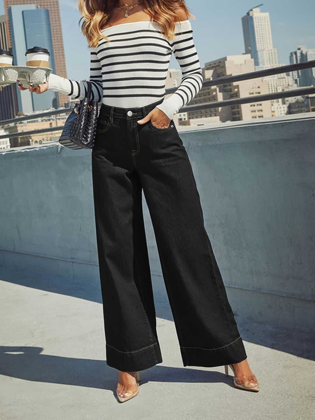 High-Waist Weite Stretch-Denim-Jeans mit umgeschlagenem Saum