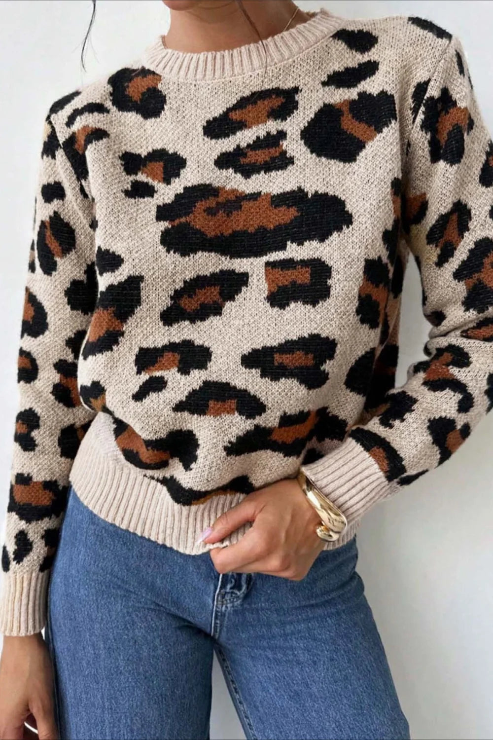 Schicker Pullover mit Farbfeld und Leopardenmuster und Rundhalsausschnitt