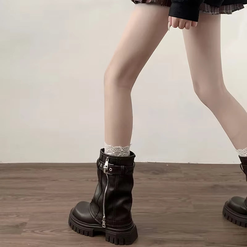 Damen Plateau-Biker-Stiefeletten mit Schnallen