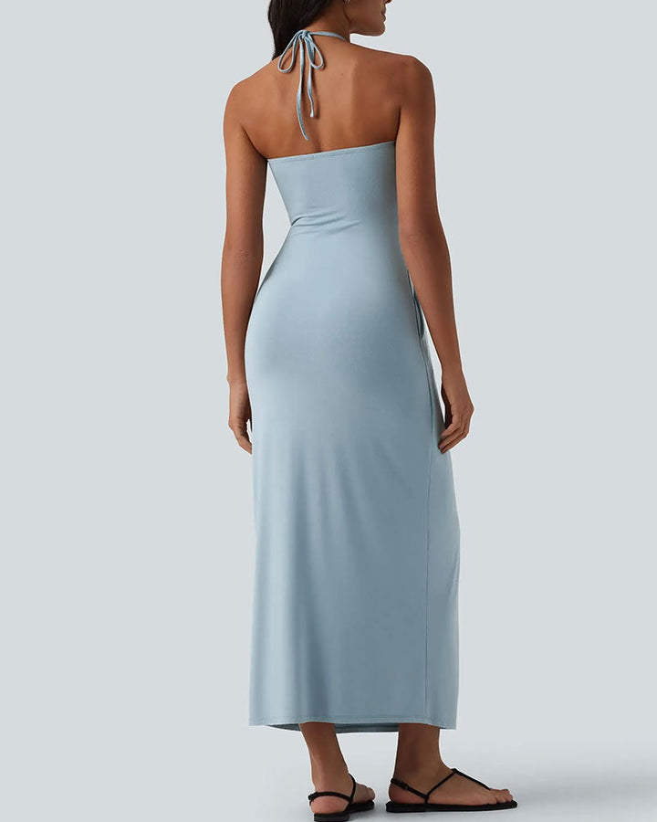 Langes Damenkleid mit drapiertem Oberteil und Halterneck vorne