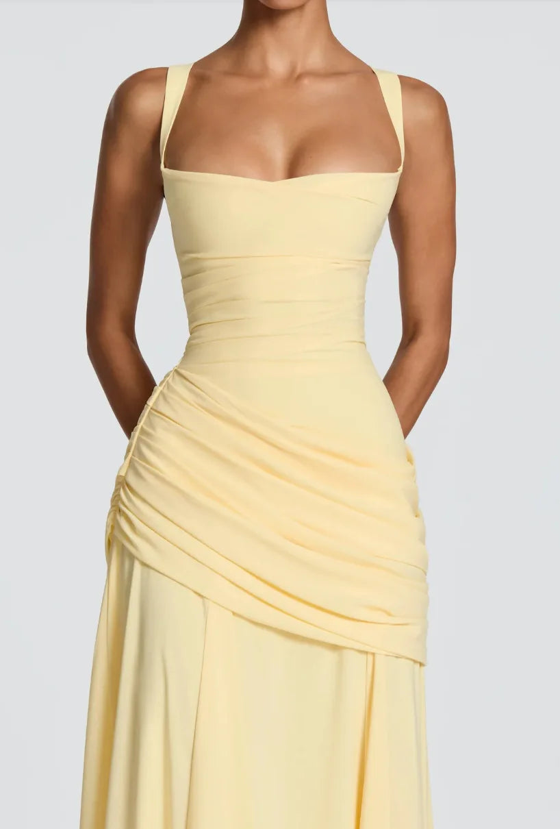 Gelbes gerafftes Drapiertes Maxikleid