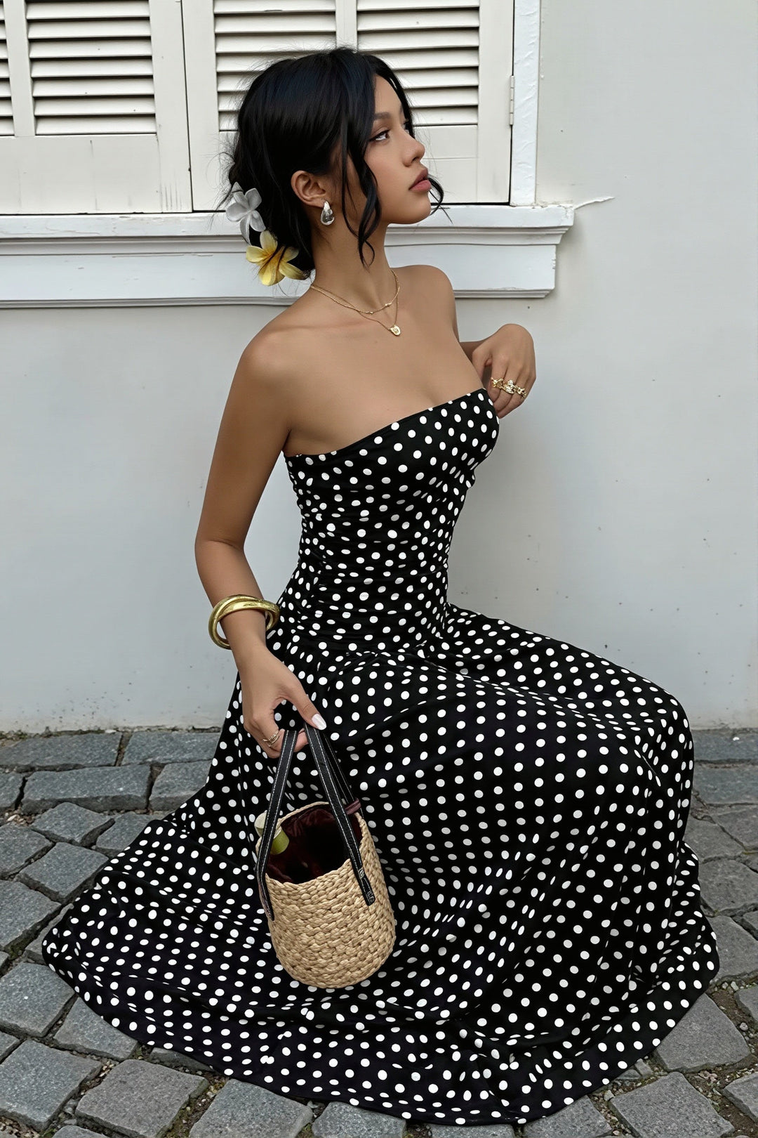 Damen Maxikleid mit Punktmuster, trägerlos und ärmellos