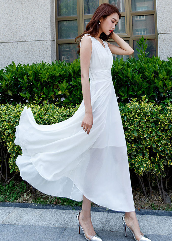 Weißes ärmelloses Maxikleid aus Chiffon mit hoher Taille