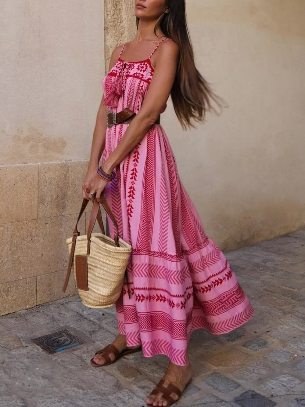 Ethno-Stil Häkel-Patchwork Strick Maxikleid