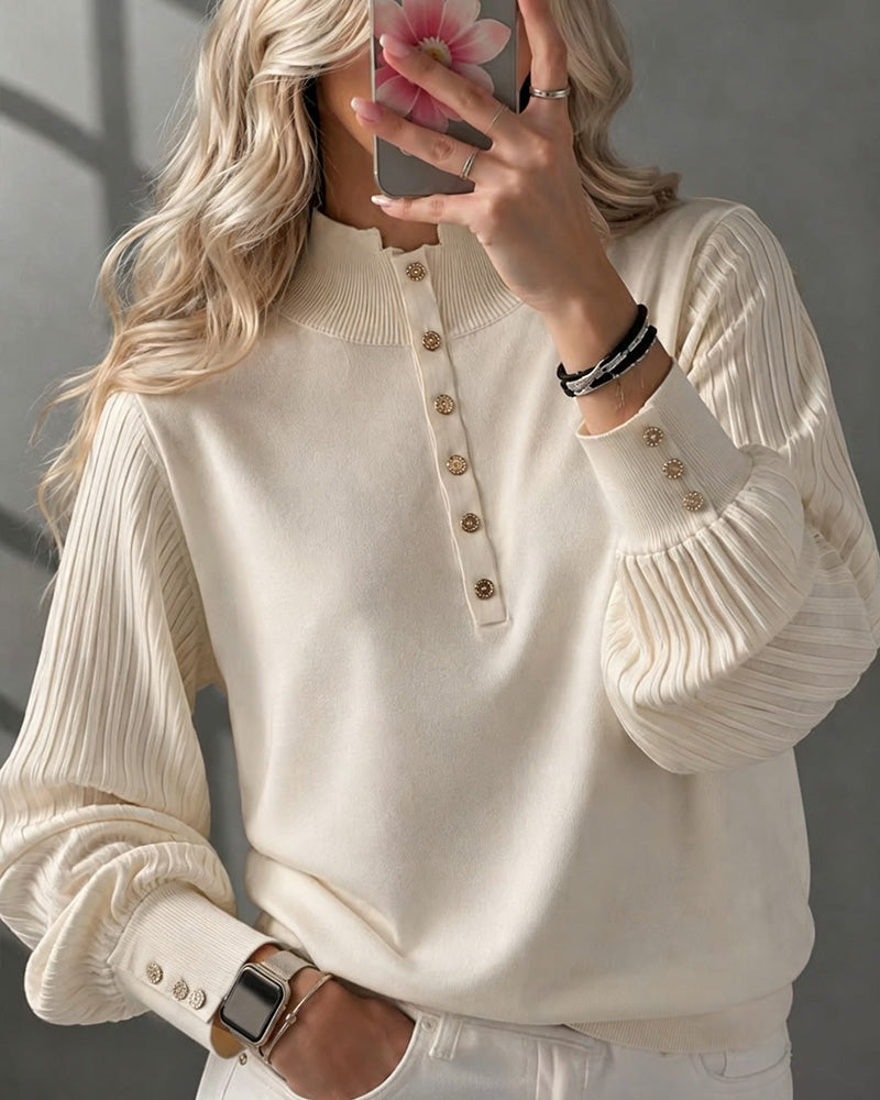 Damen-Rippstrickpullover mit Rollkragen und voluminösen Puffärmeln