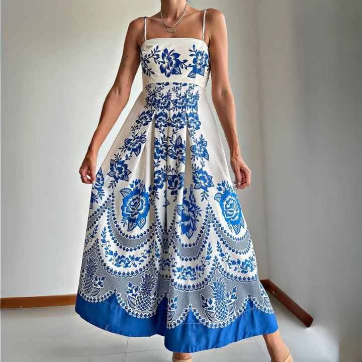 Polyester Spaghettiträger Midi Kleid Blau