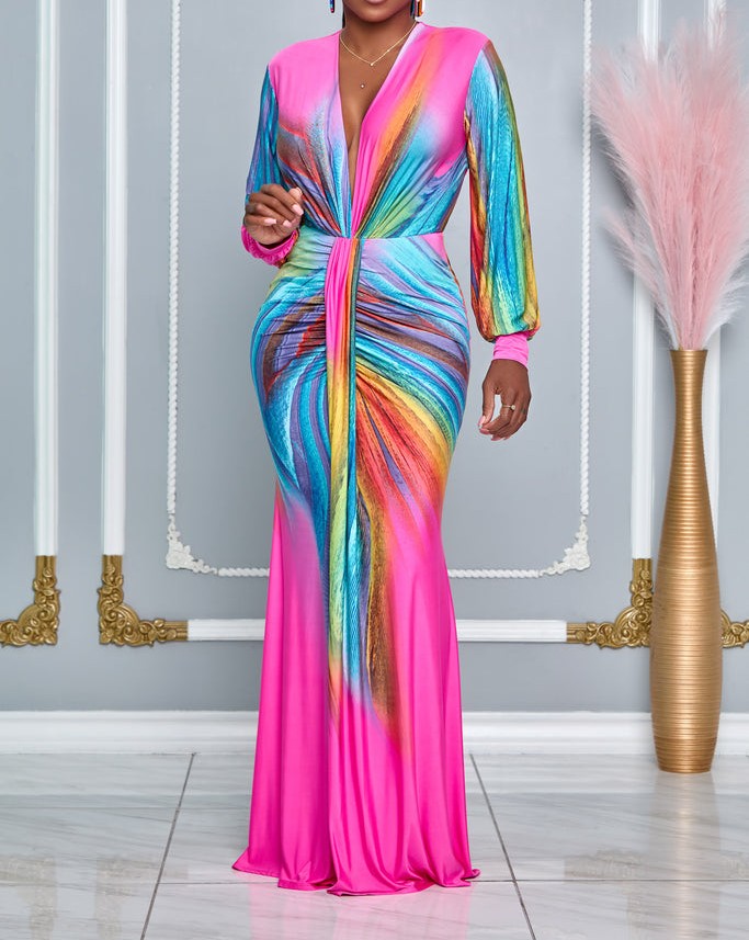 Maxikleid mit V-Ausschnitt und Batik-Faltenrock