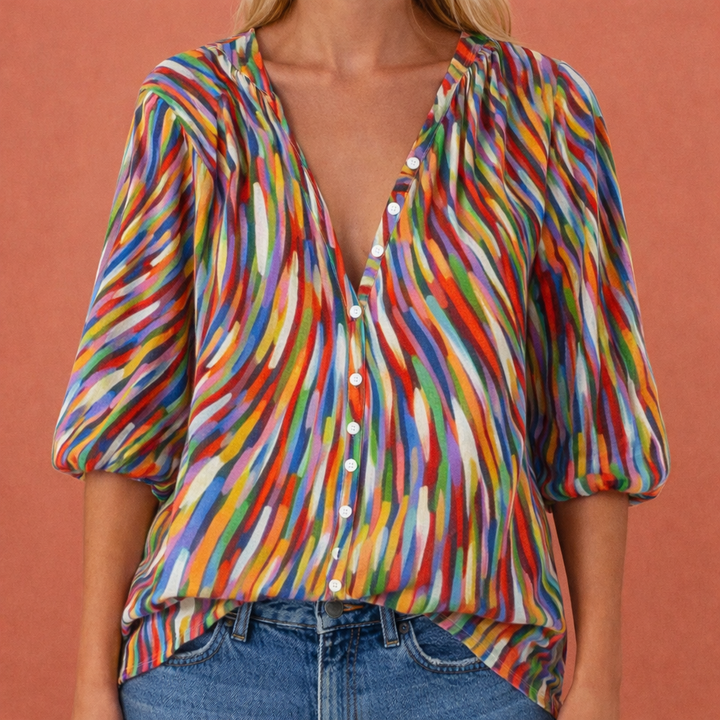Damen V-Ausschnitt Bluse mit Knopfverschluss und Druckmuster