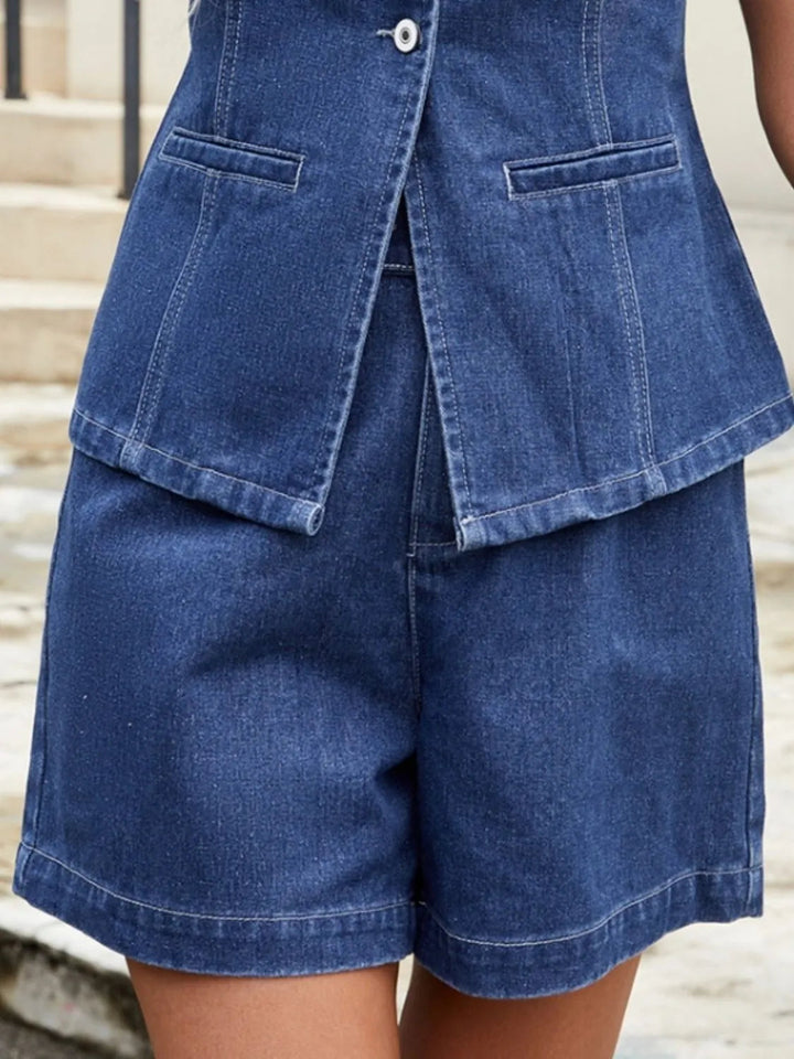 Lässiges Jeansweste- und Shorts-Set mit Knöpfen