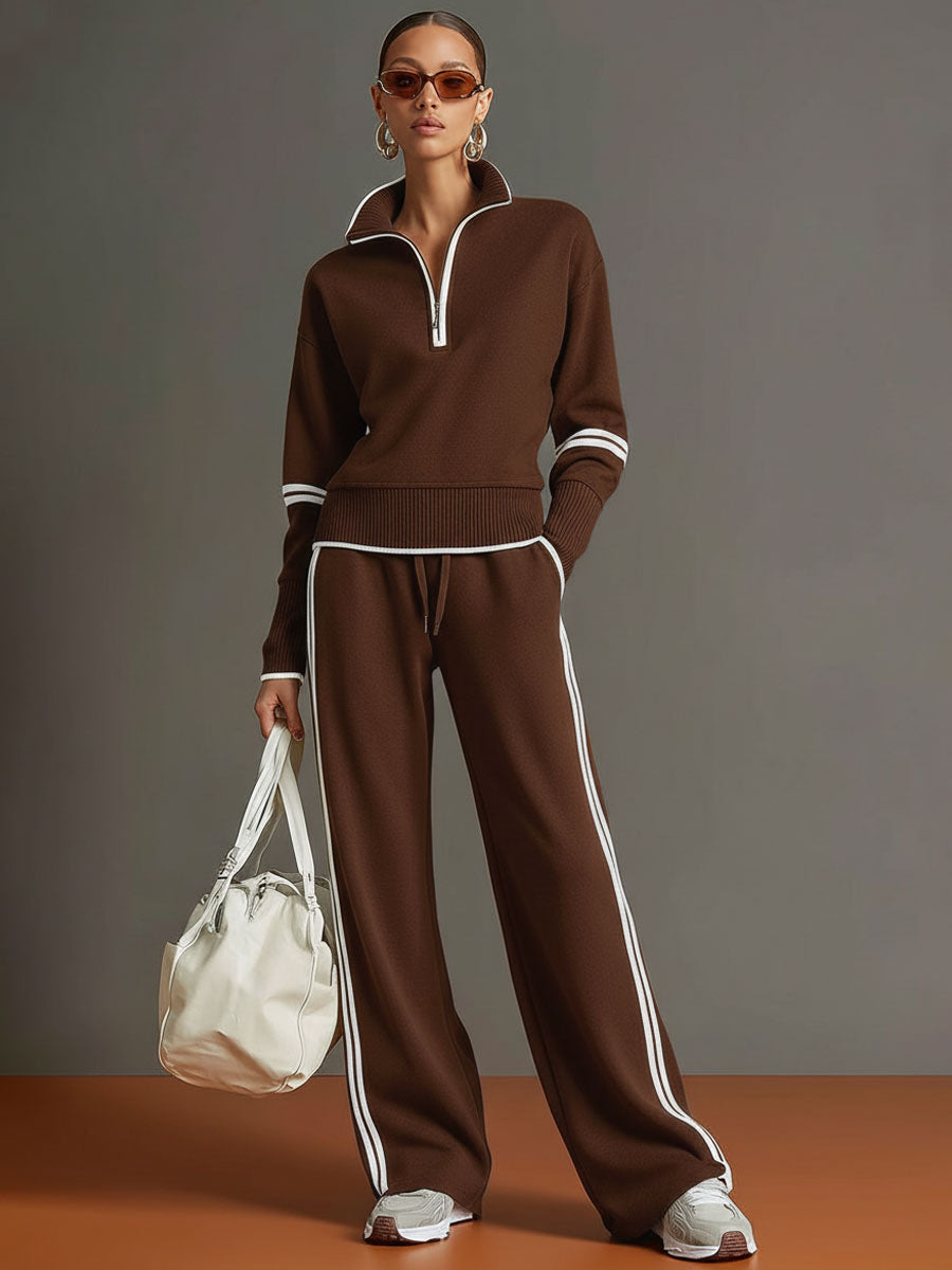 Pullover-Sweatshirt mit halbem Reißverschluss und weites Hosen-Set