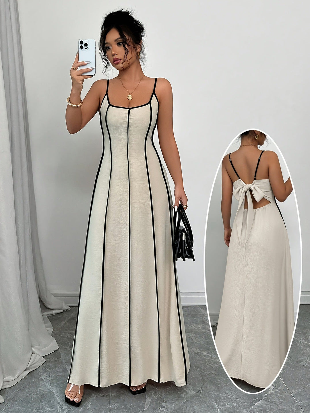 Viskose A-Linien Ärmelloses Midikleid Beige