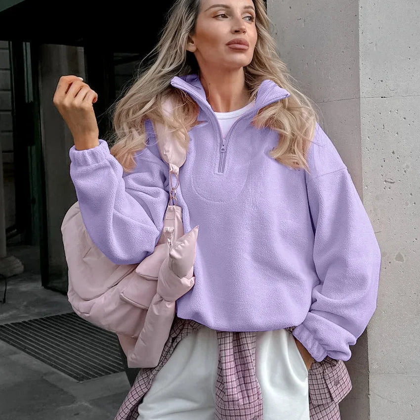 Damen Fleece Sweatshirt Stehkragen Reißverschluss Lässige Passform