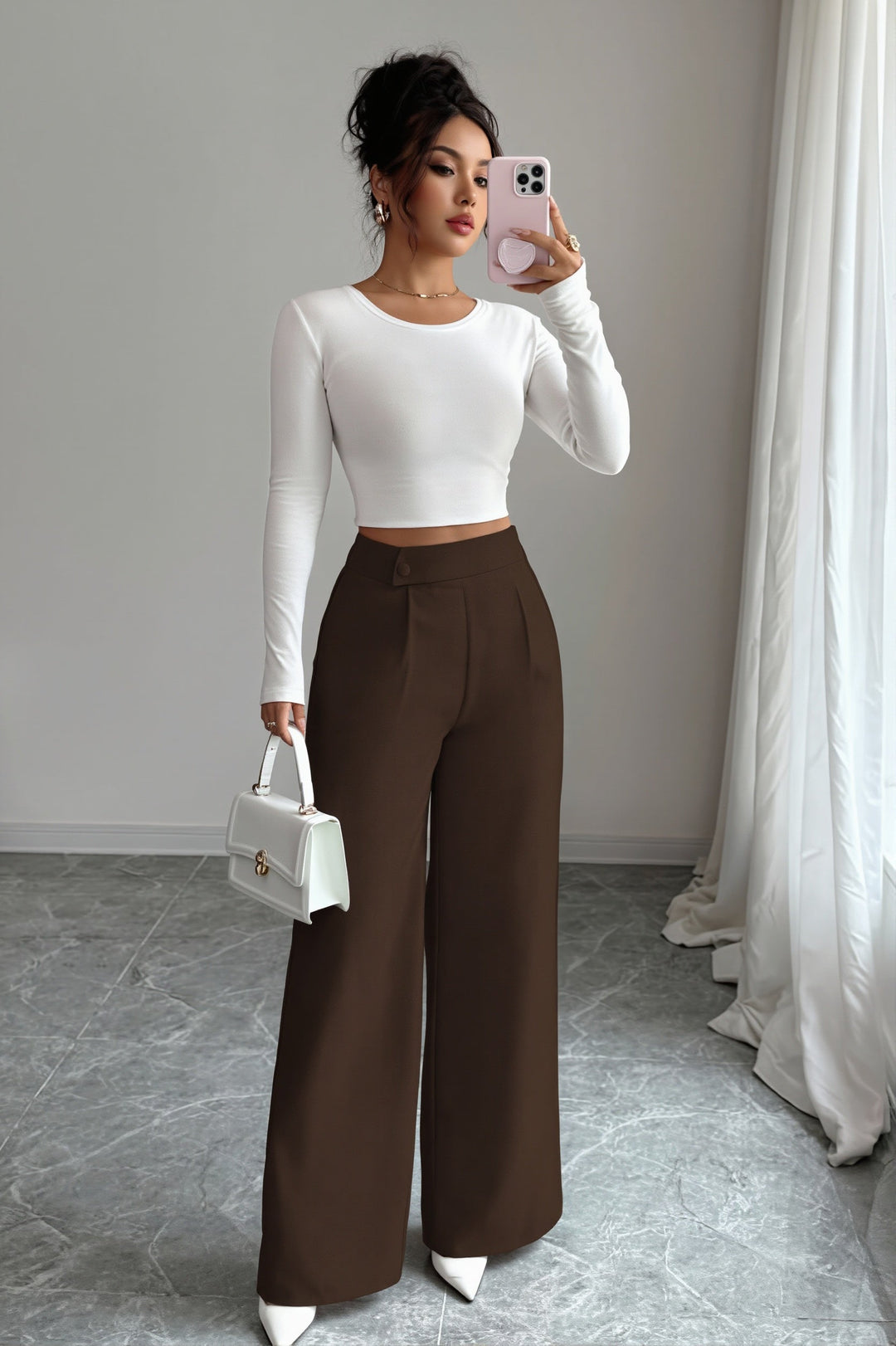 Damen Weite Hose Mit Hoher Taille Und Knopfdetail