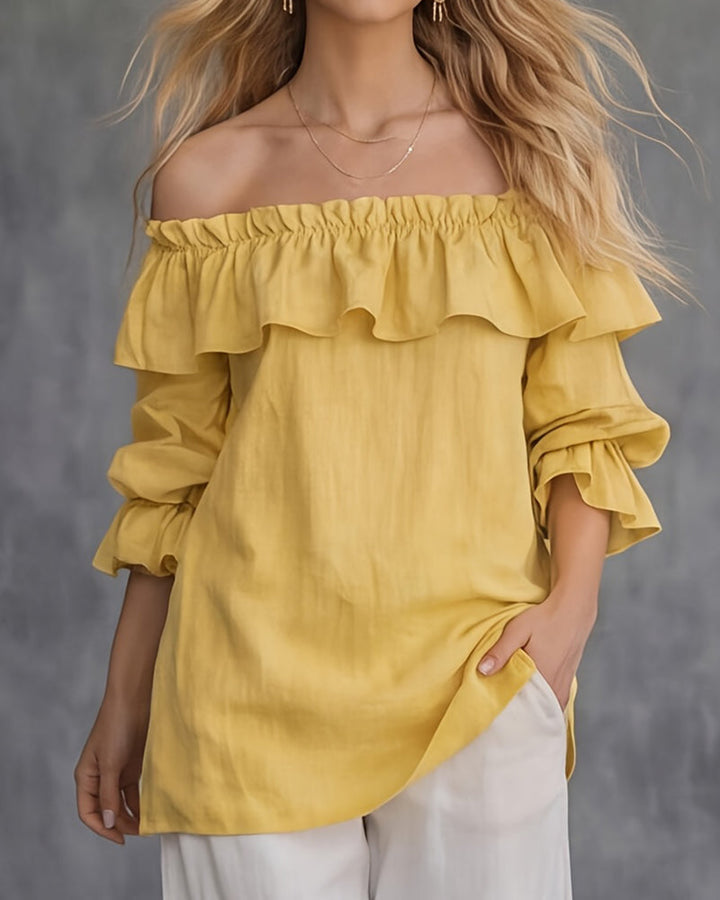 Locker geschnittene Off-Shoulder Damenbluse mit femininen Volants
