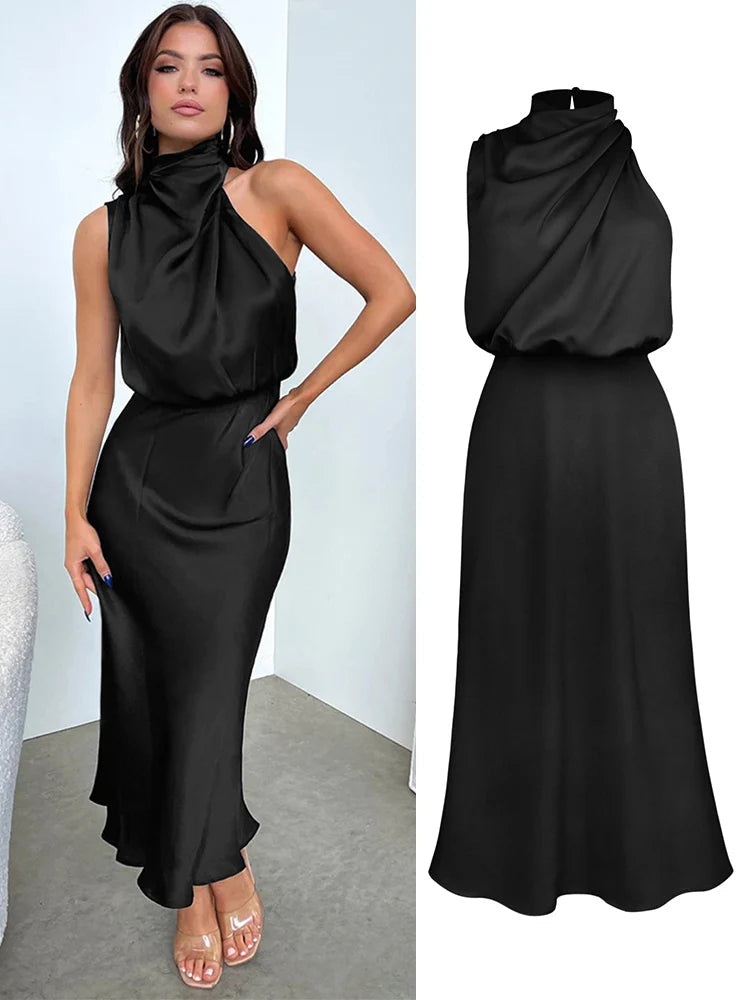 Damen Satin Asymmetrisch Geschnittenes Midi-Kleid