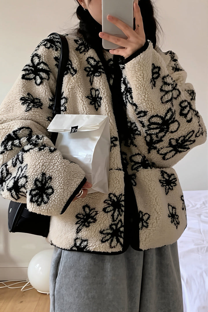 Damen Wendejacke Sherpa Fleece Mit Blumenmuster