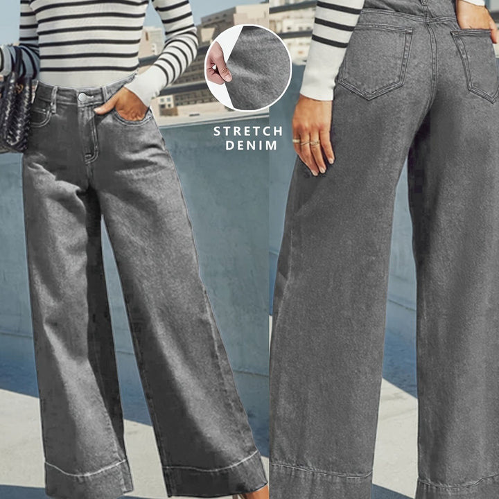 High-Waist Weite Stretch-Denim-Jeans mit umgeschlagenem Saum