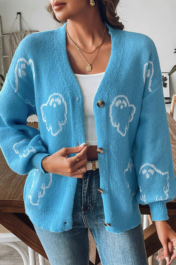 Gemütlicher Halloween-Geister-Strickpullover mit Knopfleiste
