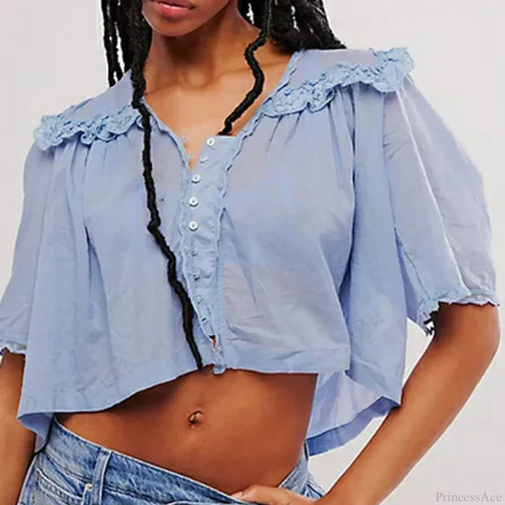 Damen-Chiffonbluse mit Rüschen und Spitzenbesatz, tiefem V-Ausschnitt