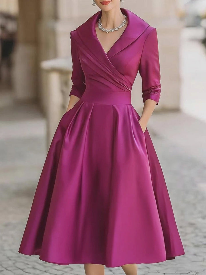 Vintage Satin Midi-Kleid mit drapiertem Kragen