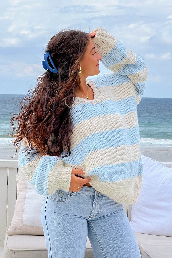 Gemütlicher Schulterfreier Gestreifter Strickpullover für Herbstlagen