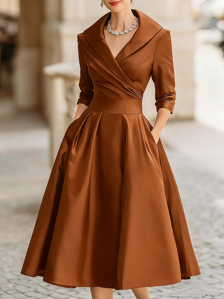 Vintage Satin Midi-Kleid mit drapiertem Kragen
