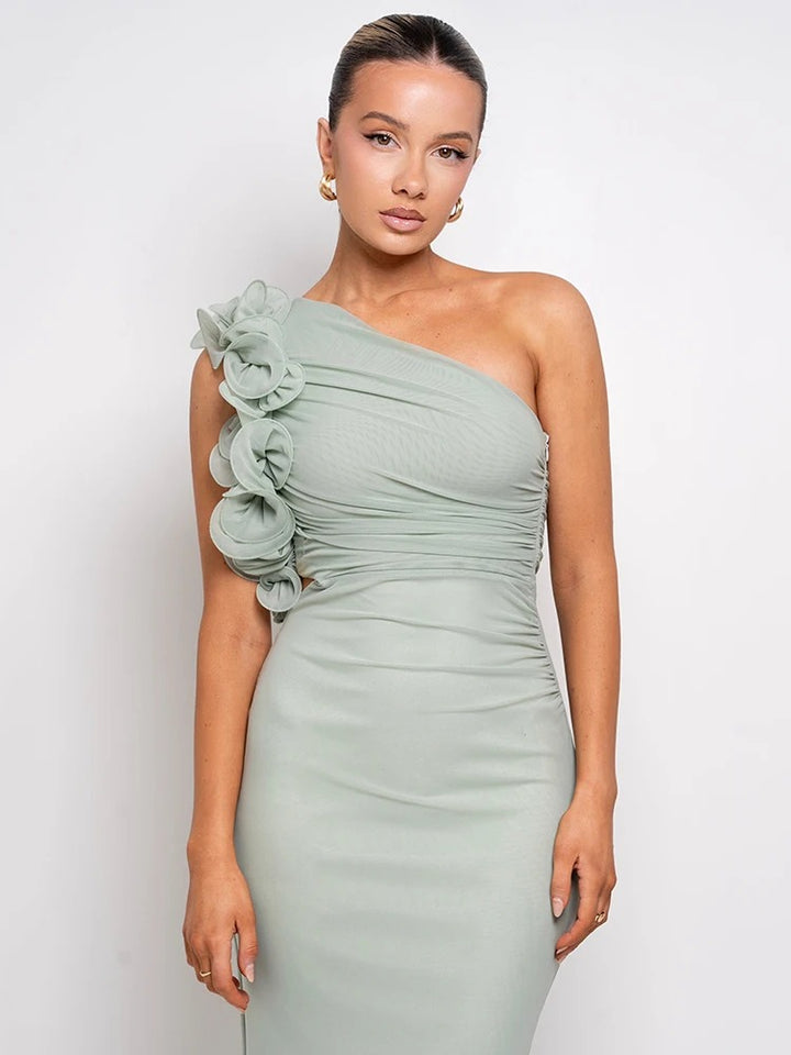 Damen Abendkleid One Shoulder – Asymmetrisch mit Blumenapplikation