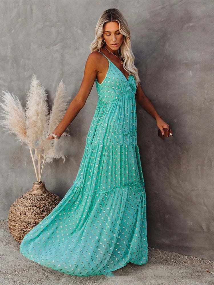 Boho-Chic grünes Maxi-Sommerkleid