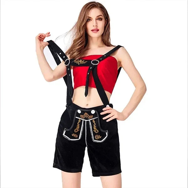 Damen Samt bestickte kurze Latzhosen mit kariertem Hemd